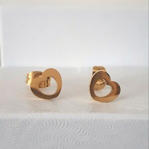 Gold Small Dainty Heart Hollow Cut Out Stud Stainless Steel Earrings